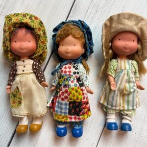 Vintage Holly Hobbie Dolls Trio of Patchwork Dolls with Hats & Accessories 70’s